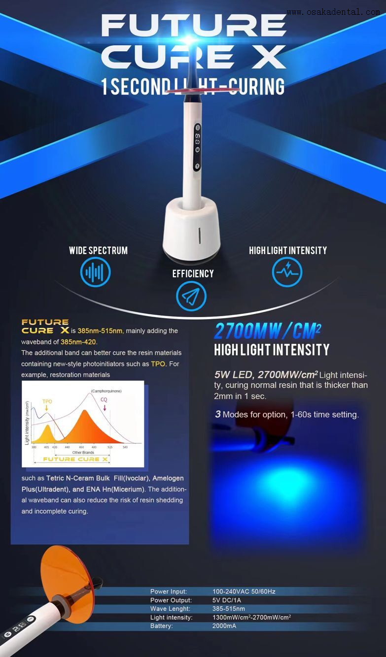 Lampe à polymériser dentaire à pointe en plastique d'une seconde 2700 mw/cm pour unité dentaire